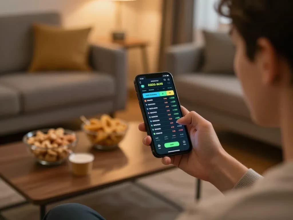 Person engaging with Keonhacai app for live sports betting in a cozy home setting