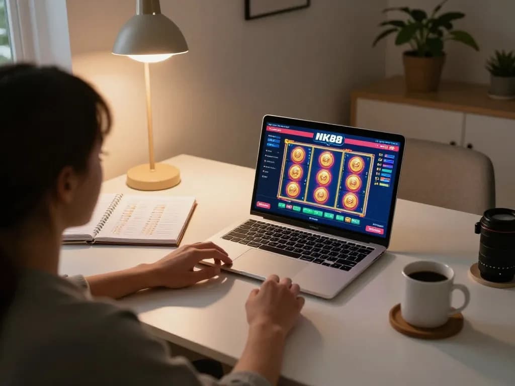 Person enjoying NK88 online casino gameplay at home with strategic notes and warm ambiance