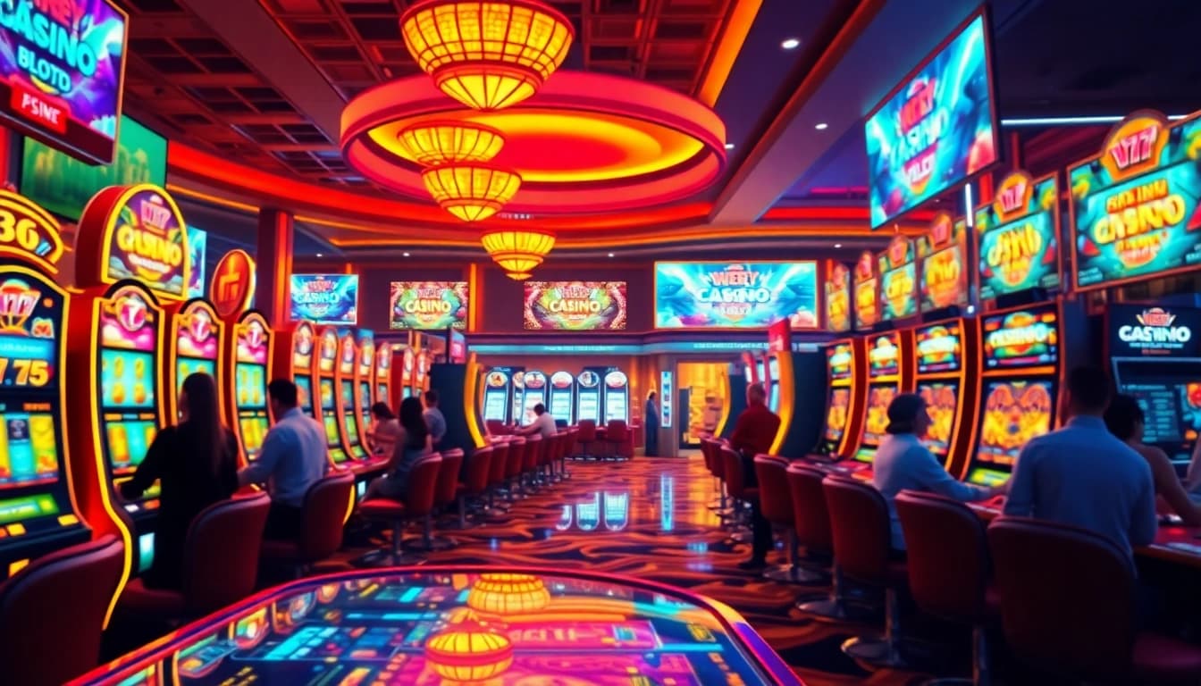 Engaging scene of Online casino Uk atmosphere featuring players at vibrant slot machines.