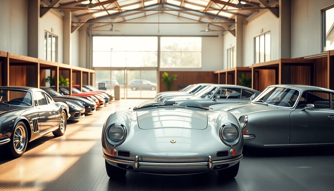 Experience classic car storage in a spacious, premium facility with vehicles shining under natural light.