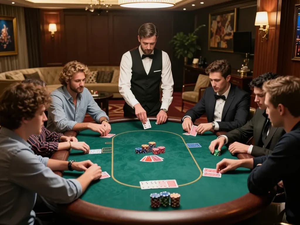 Pemain terlibat dalam permainan poker dengan taruhan tinggi di meja kasino yang mewah menyoroti strategi dan gameplay wma-minelife.