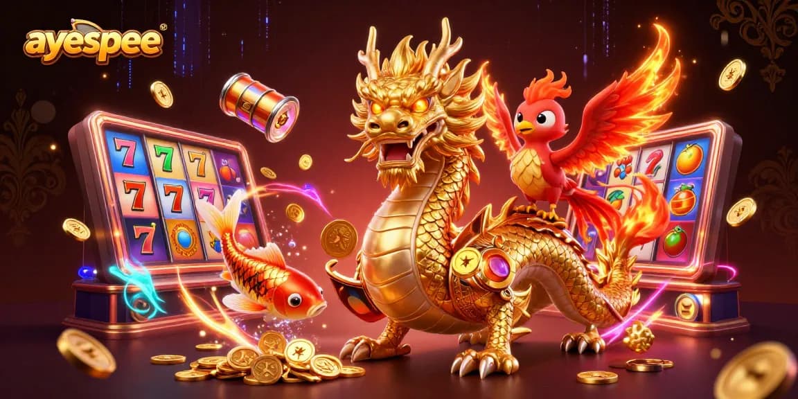 Permainan slot yang seru dan menguntungkan di ayespee, dengan naga emas dan ikan koi.