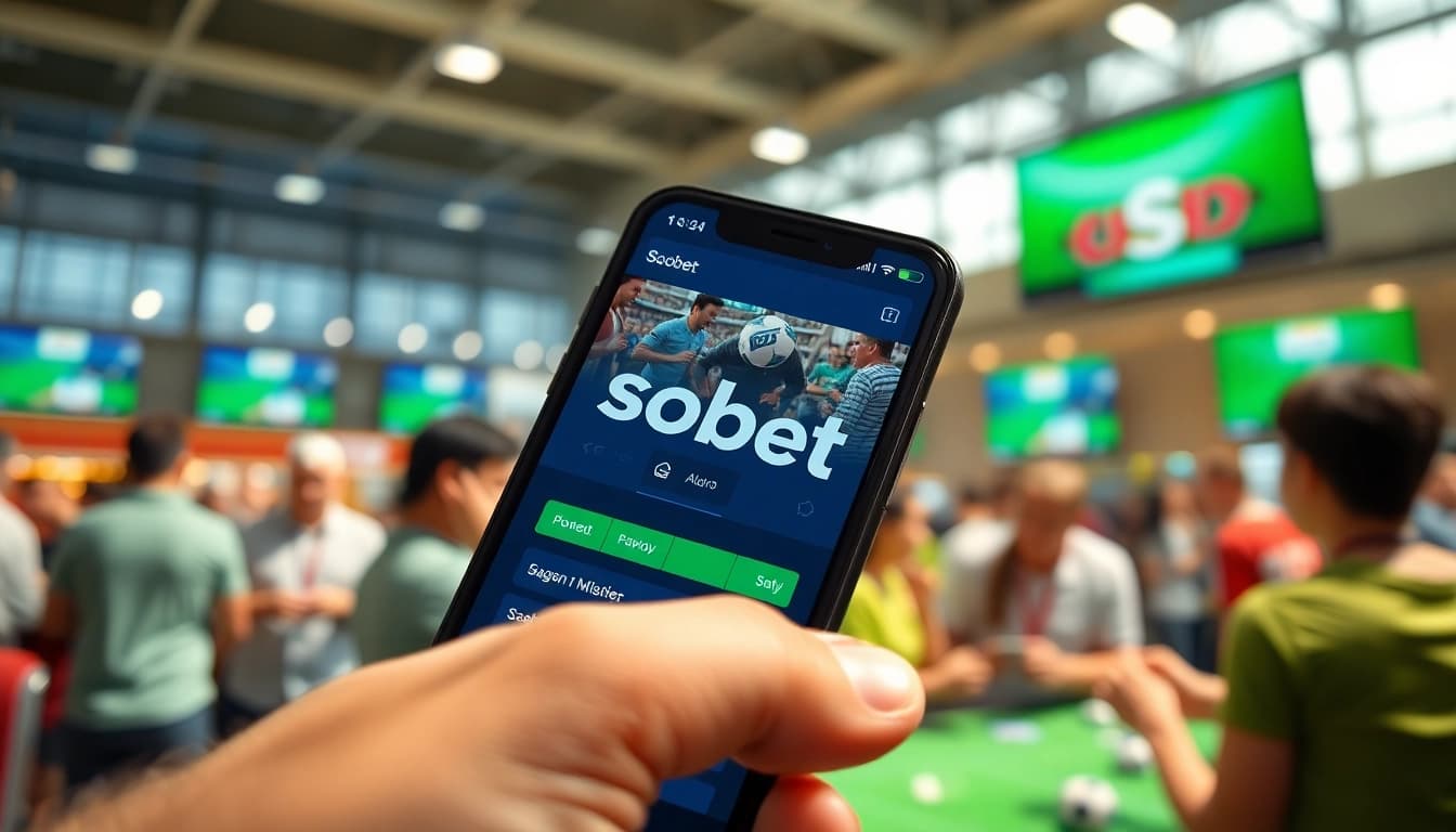 Menampilkan agen sbobet di smartphone dengan petaruh aktif di latar belakang, menangkap semangat taruhan olahraga.
