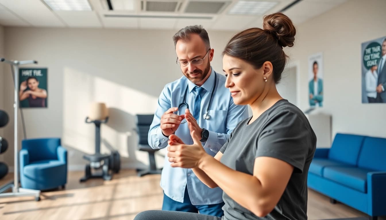 Engaging scene of physiotherapy edmonton with dedicated therapists assisting patients in a modern clinic environment.