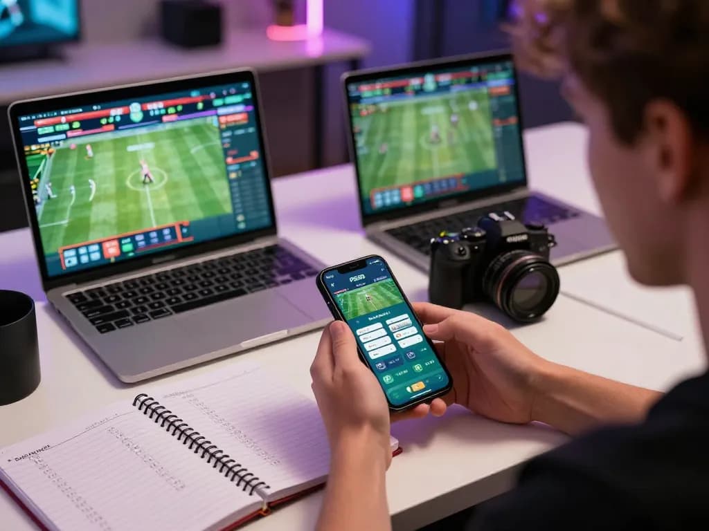 Engaging in mobile sports betting on PG88 app with focused expressions and strategic notes