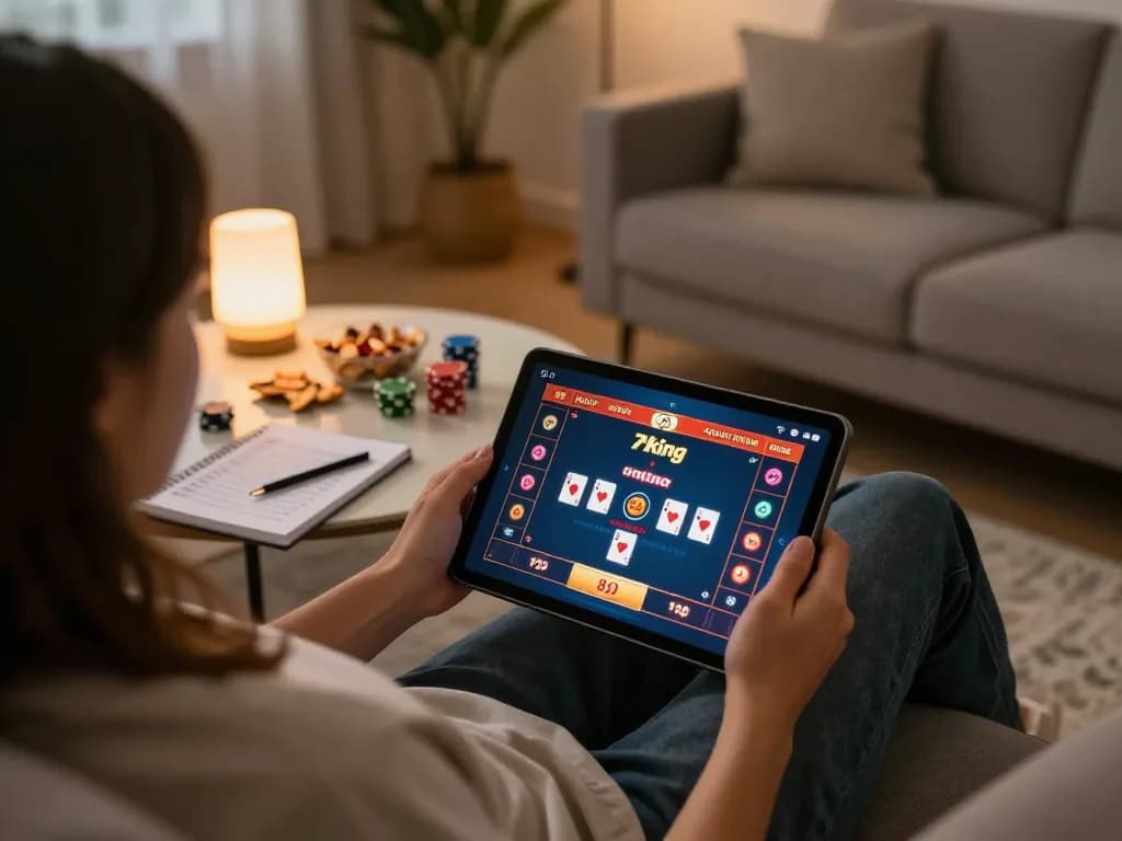Engaging with Trang chủ 79king while playing poker on a tablet, showcasing a cozy and responsible gaming setup