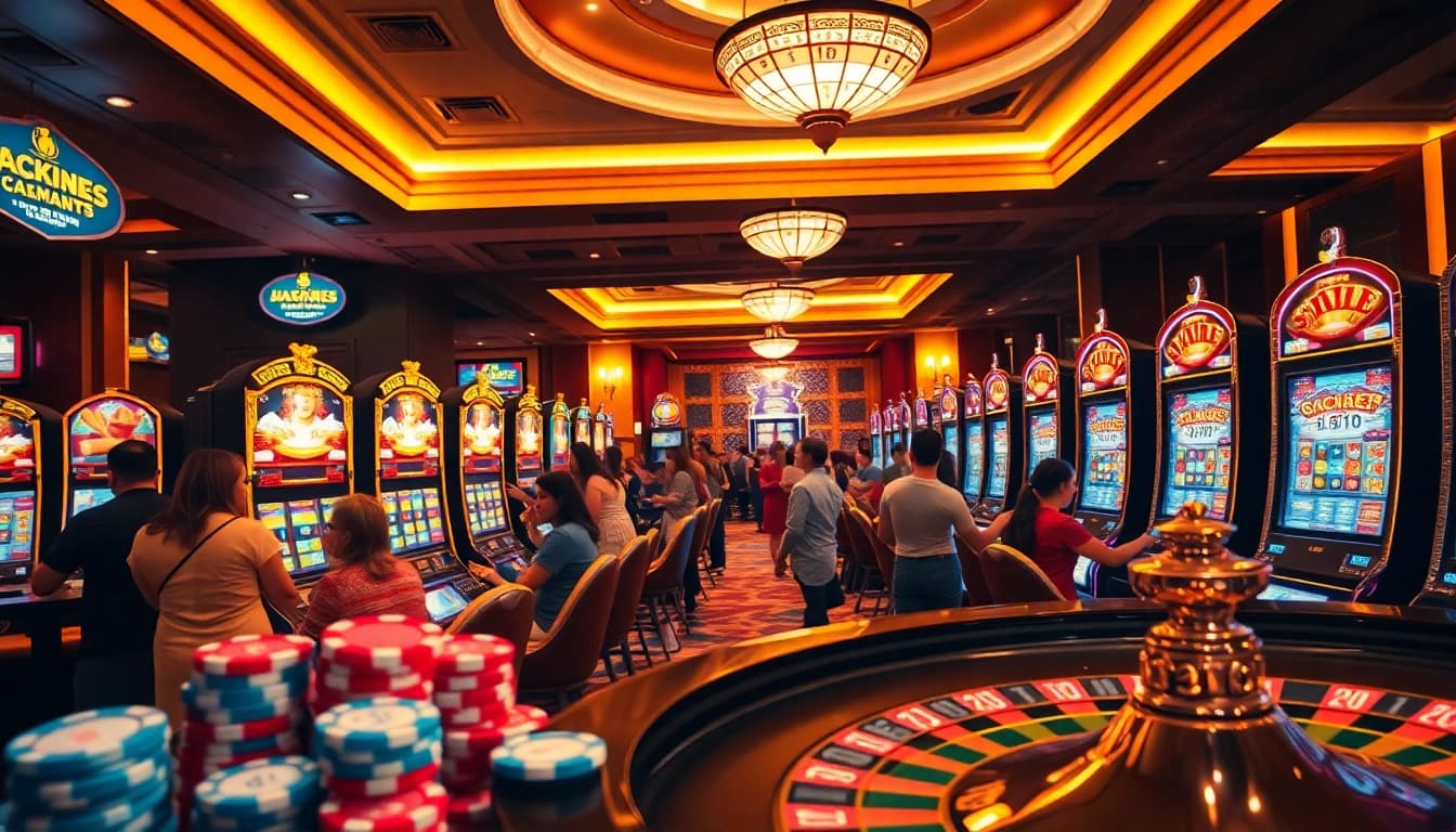 Casino slot machines in action, showcasing players enjoying vibrant gameplay and potential big wins.