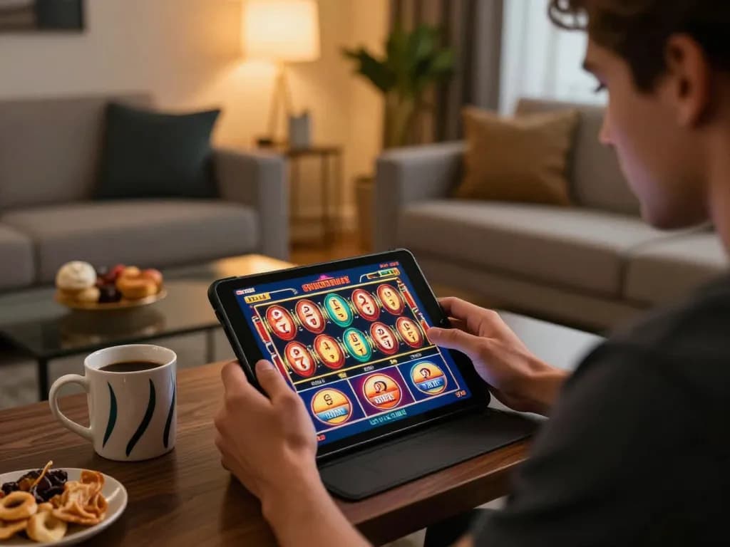 Playing online slots on tablet with the vibrant Link Gaco interface in a cozy living room.