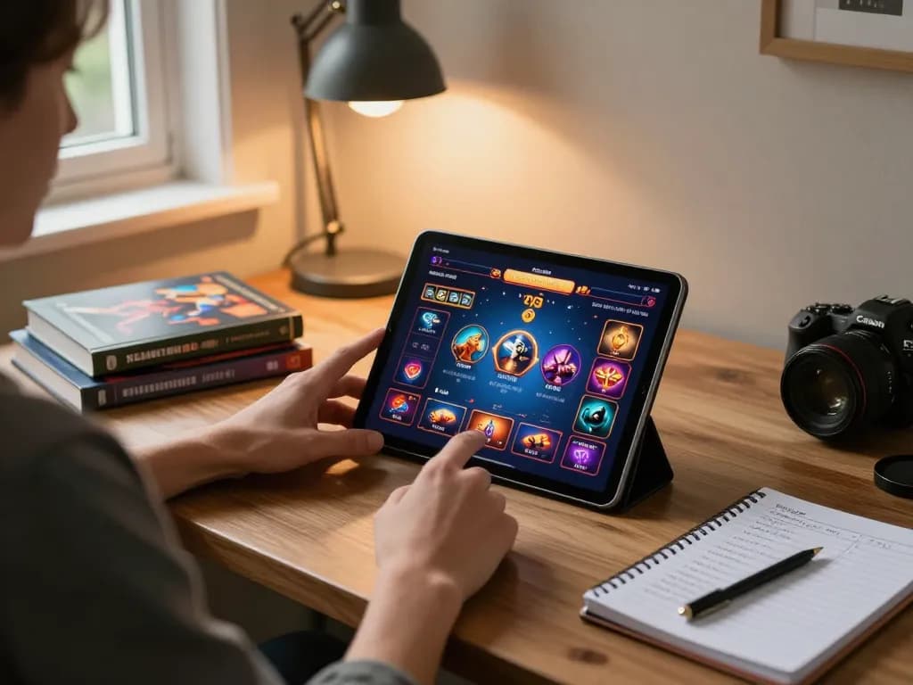 Playing games on the uu88 net tablet in a cozy home office with betting strategies displayed.