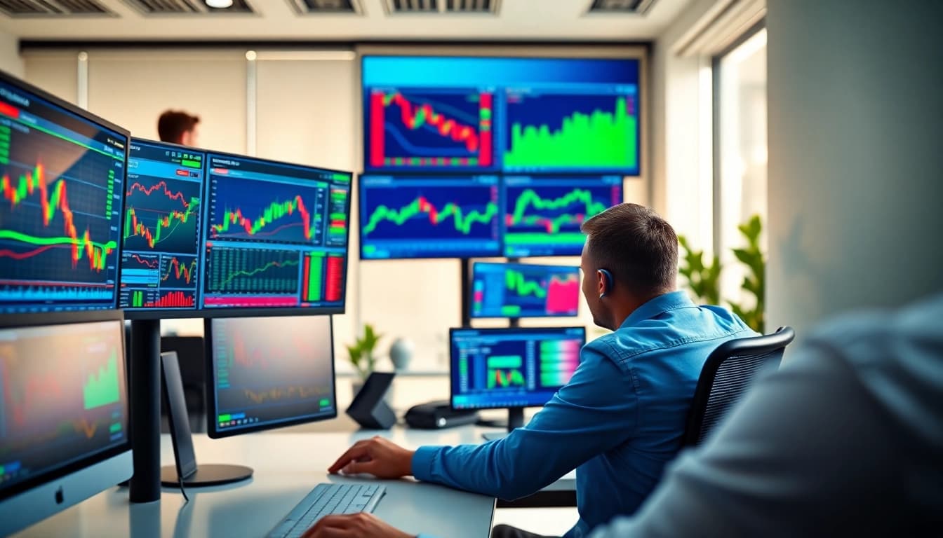 Monitor displaying hotforex mt4 trading platform with financial data surrounded by trading activity.