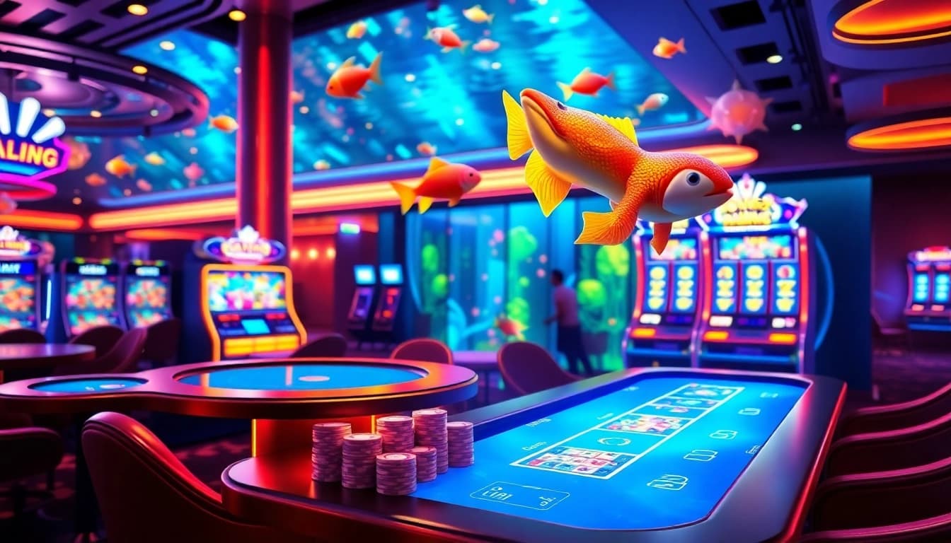 Exciting bắn cá đổi thưởng gameplay in a vibrant online casino setting with animated underwater visuals.