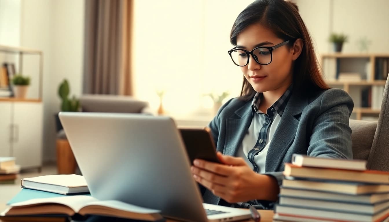 Engaging in online exam assistance, a focused student learns in a well-lit study.