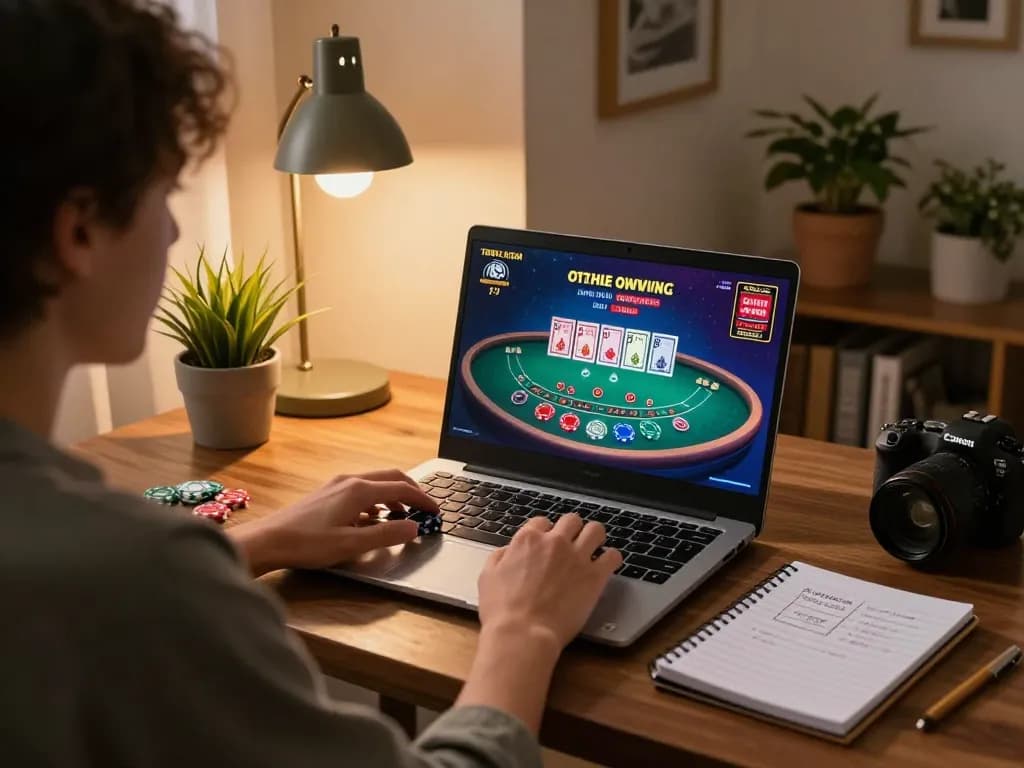 Engaged player using laptop for 56win trang chủ online blackjack with vibrant gaming atmosphere