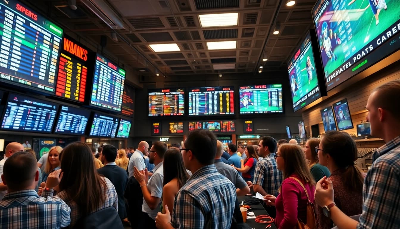 Engaged audience in an energetic sports betting environment with live odds displayed.
