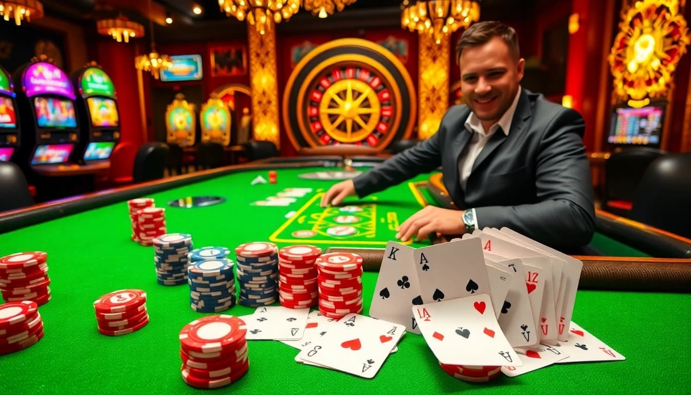 Experience Luck8's exciting casino atmosphere with high-stakes poker and vibrant slot machines.