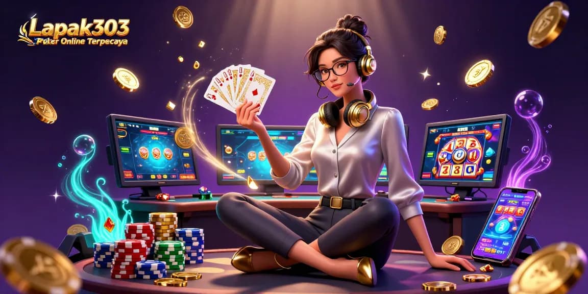Engaging with Lapak303 Poker Online Terpercaya, this illustration captures a professional gamer in a dynamic casino setting.