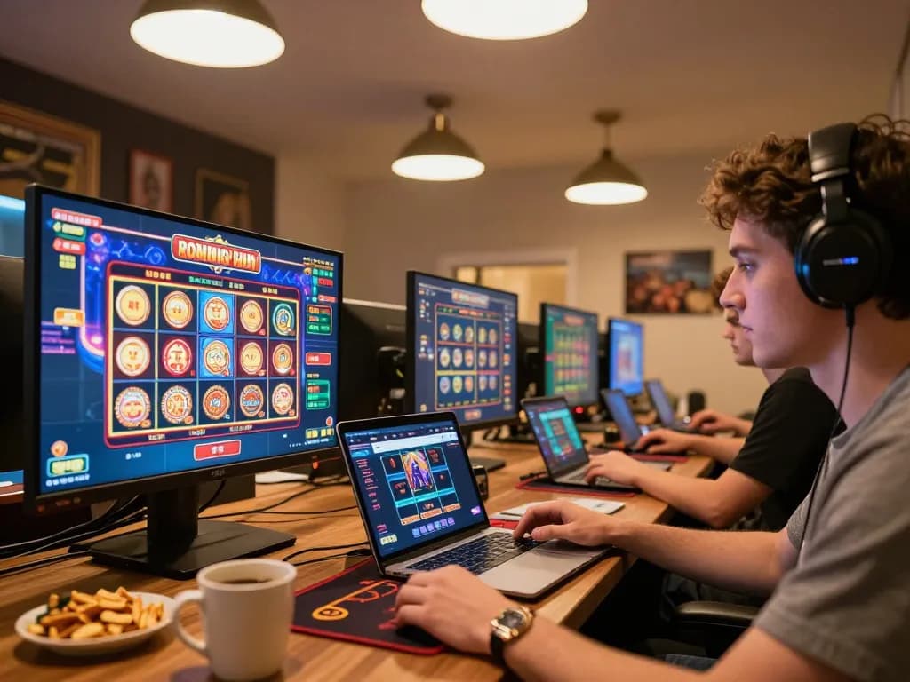 Engaging scene of online gaming with depo 25 bonus 25 activity on multiple screens for strategic play