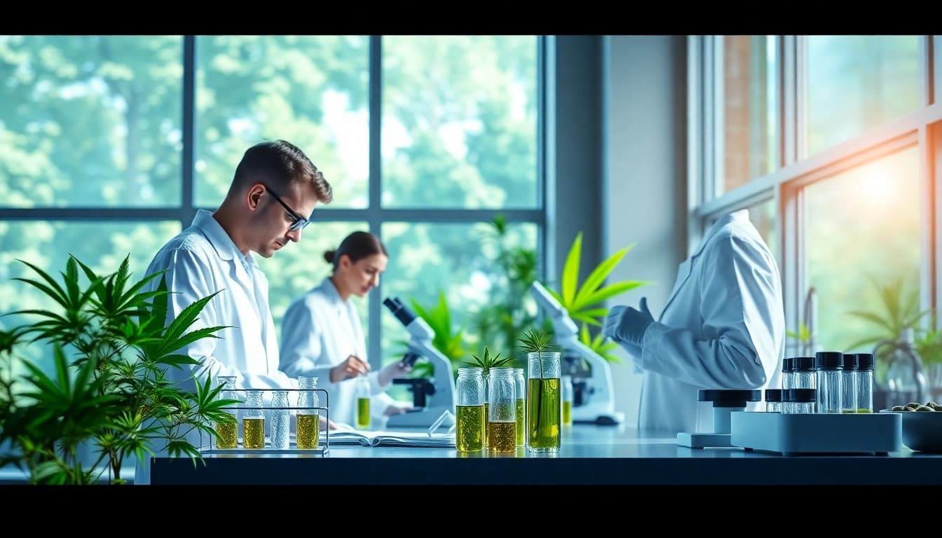 Modern lab analyzing win55 cannabinoid samples with scientists.