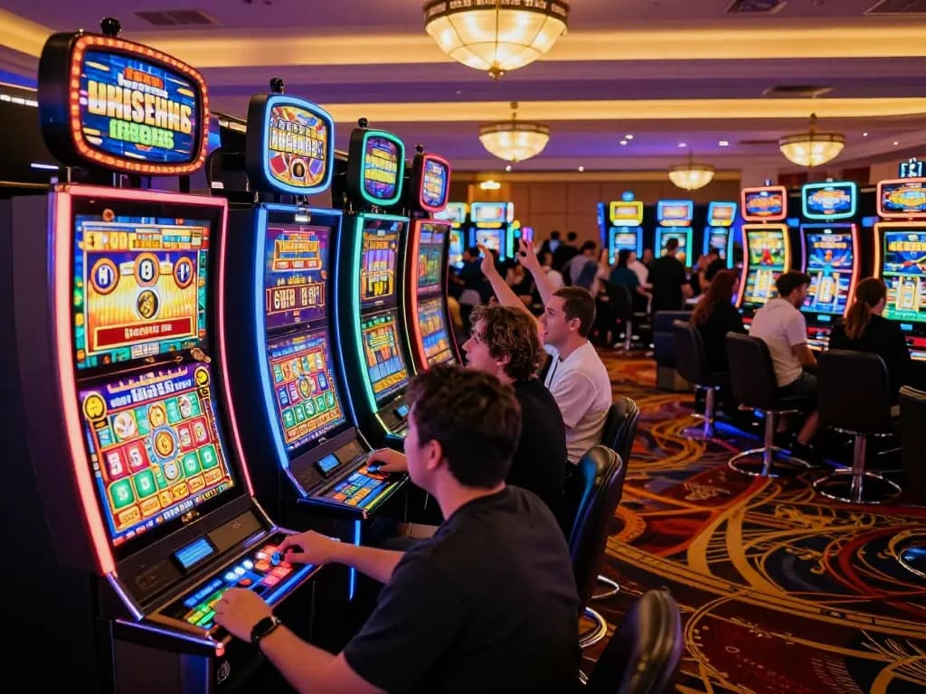 Players celebrate a jackpot on vibrant slot machines, reflecting excitement of depo-themed gambling.