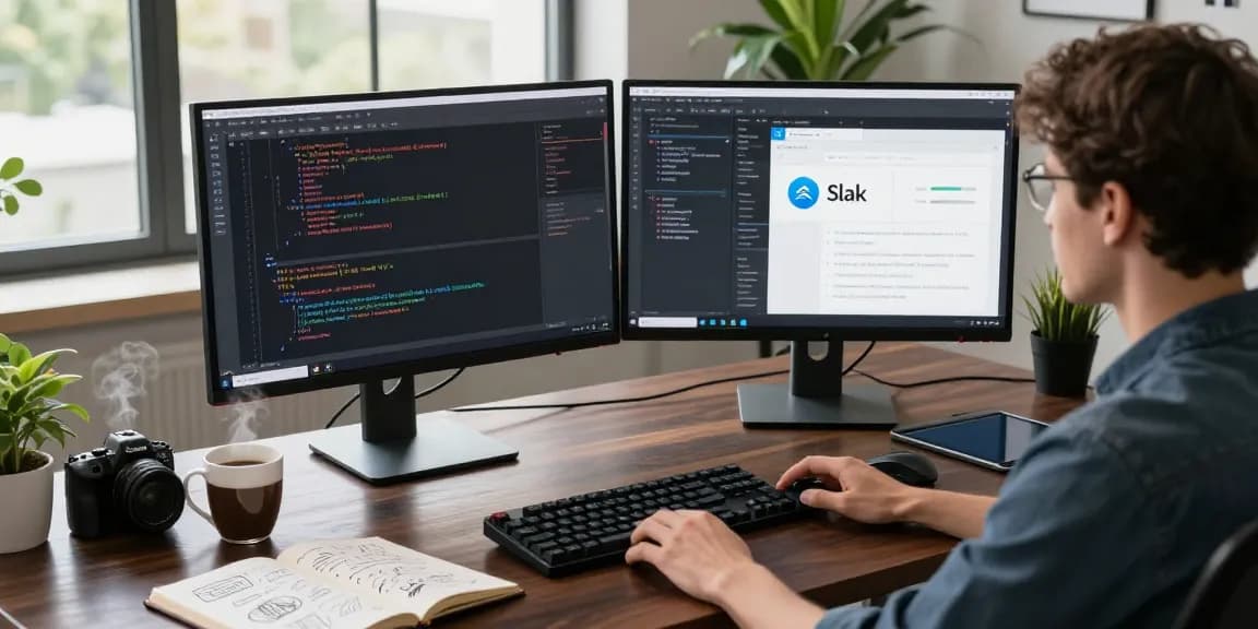 Workspace with developer coding on dual monitors, focusing on 纸飞机下载 in a vibrant tech environment.