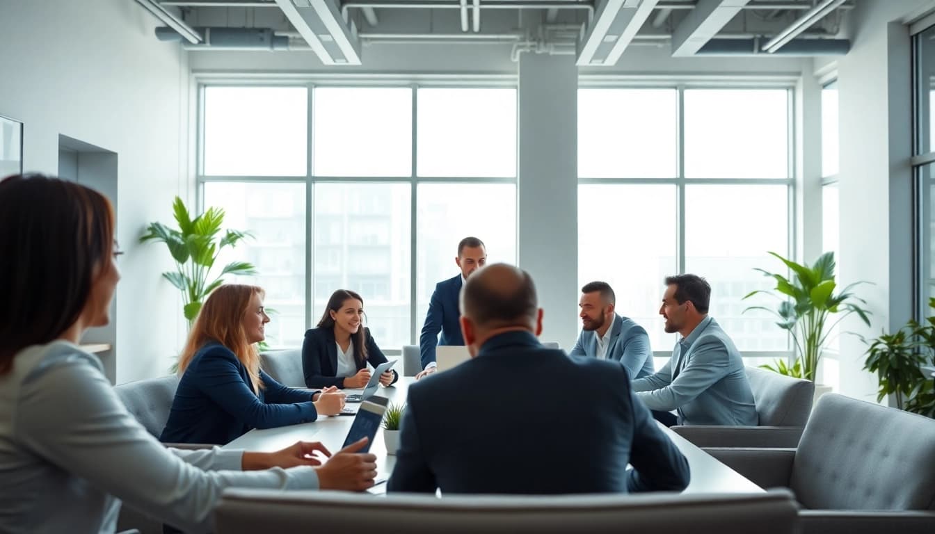 Professionals collaborating in a business meeting showcasing focused discussions and teamwork.