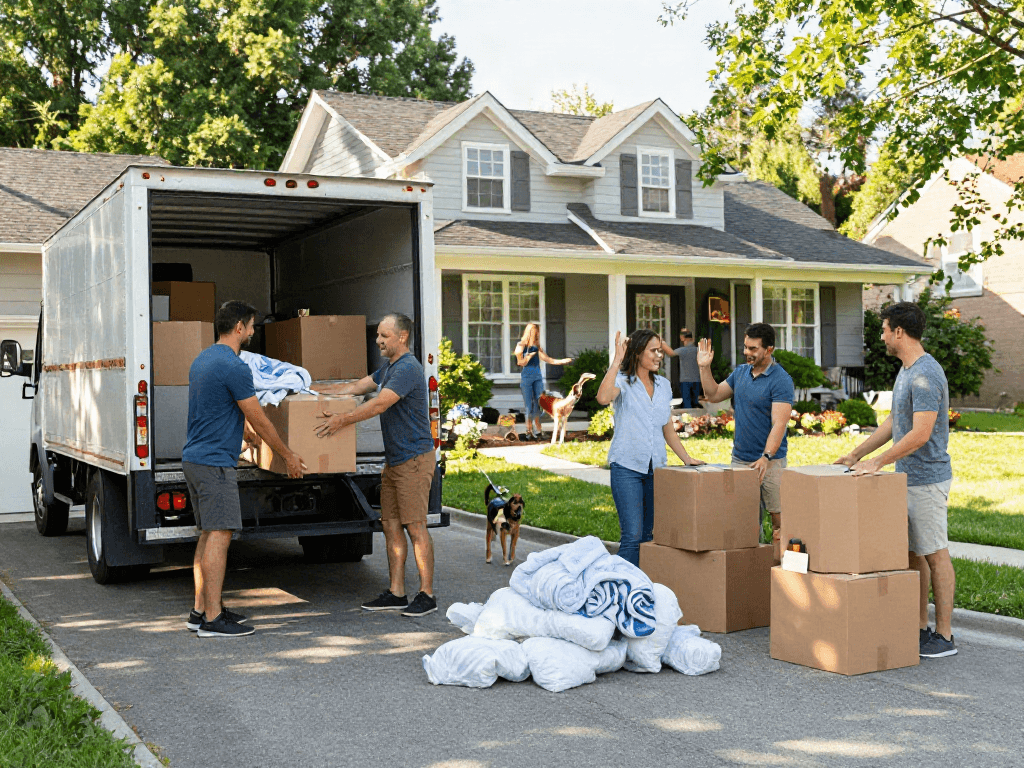 Movers efficiently loading boxes into a truck in a friendly suburban neighborhood