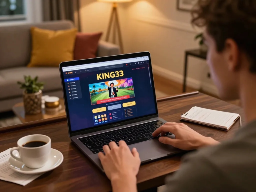 Person engaging in online gaming at king33 with a strategic approach in a cozy home setup.