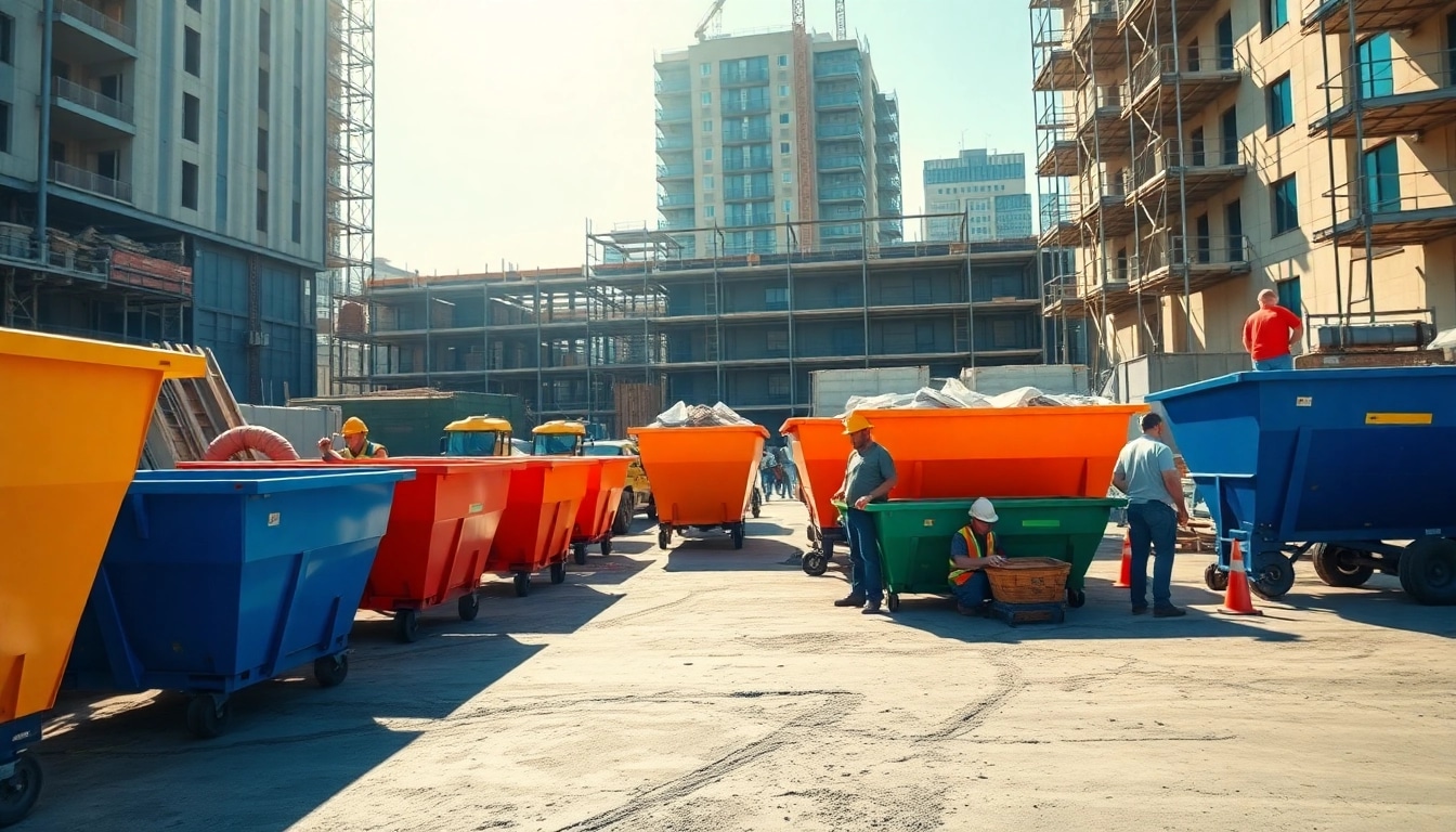 Offering premium skip hire services at a busy construction site with colorful skips
