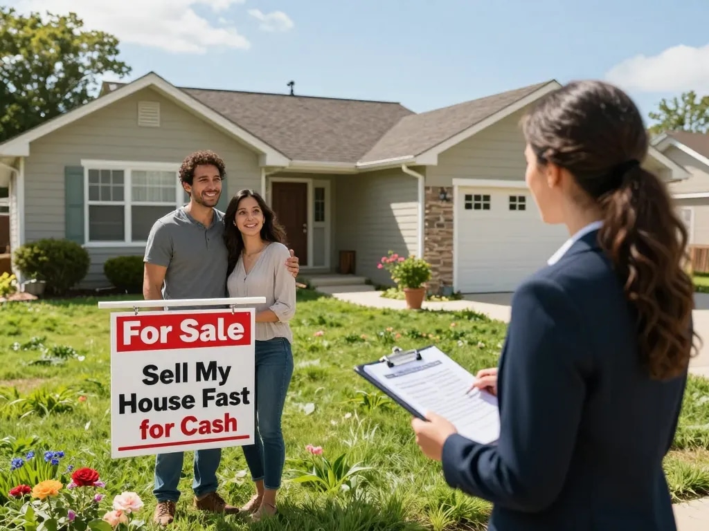 Sell my house fast for cash in an inviting suburban scene with a couple and a cash buyer.