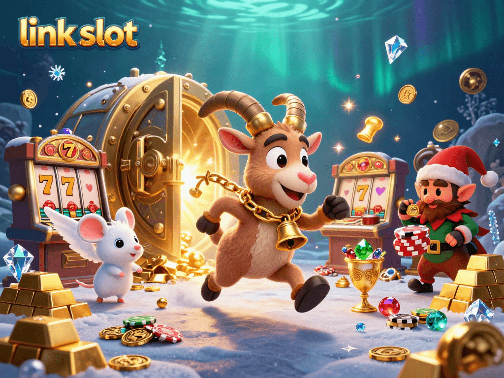 Engage with the link slot theme as Krampus oversees a festive casino chaos in this vibrant art.