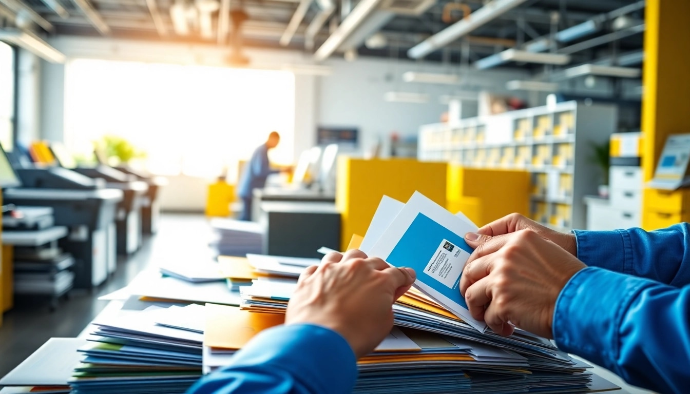 Engaging scene of employees at a direct mailing company preparing colorful mailers in a bright office.