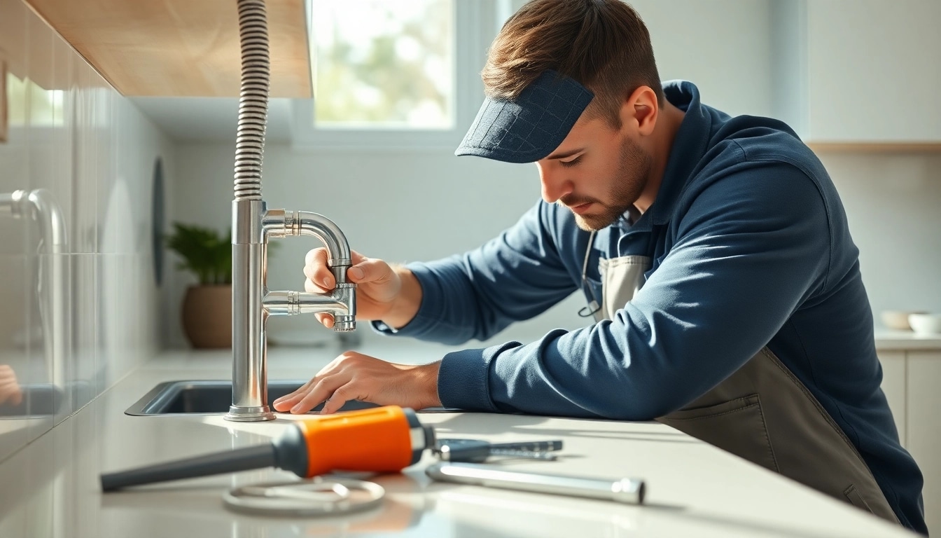 Local plumber skillfully repairing a leak in a bright kitchen, showcasing expertise and professionalism.