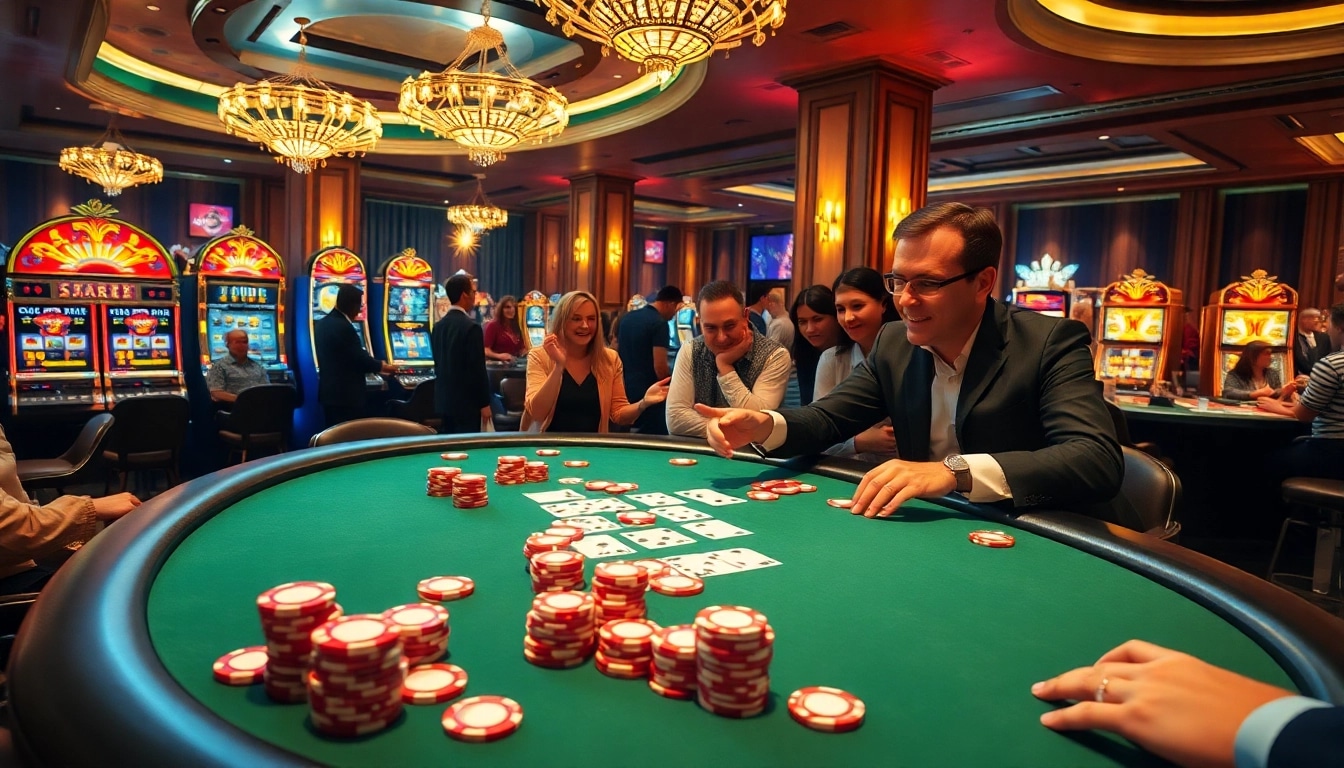 KPI4D poker players strategizing at a vibrant casino table amidst colorful chips and cards.