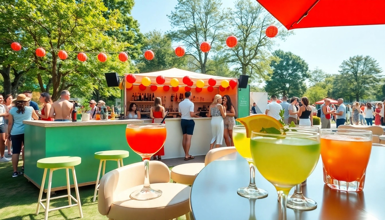 Guests enjoying a vibrant mobile bar service at an outdoor event with colorful cocktails.