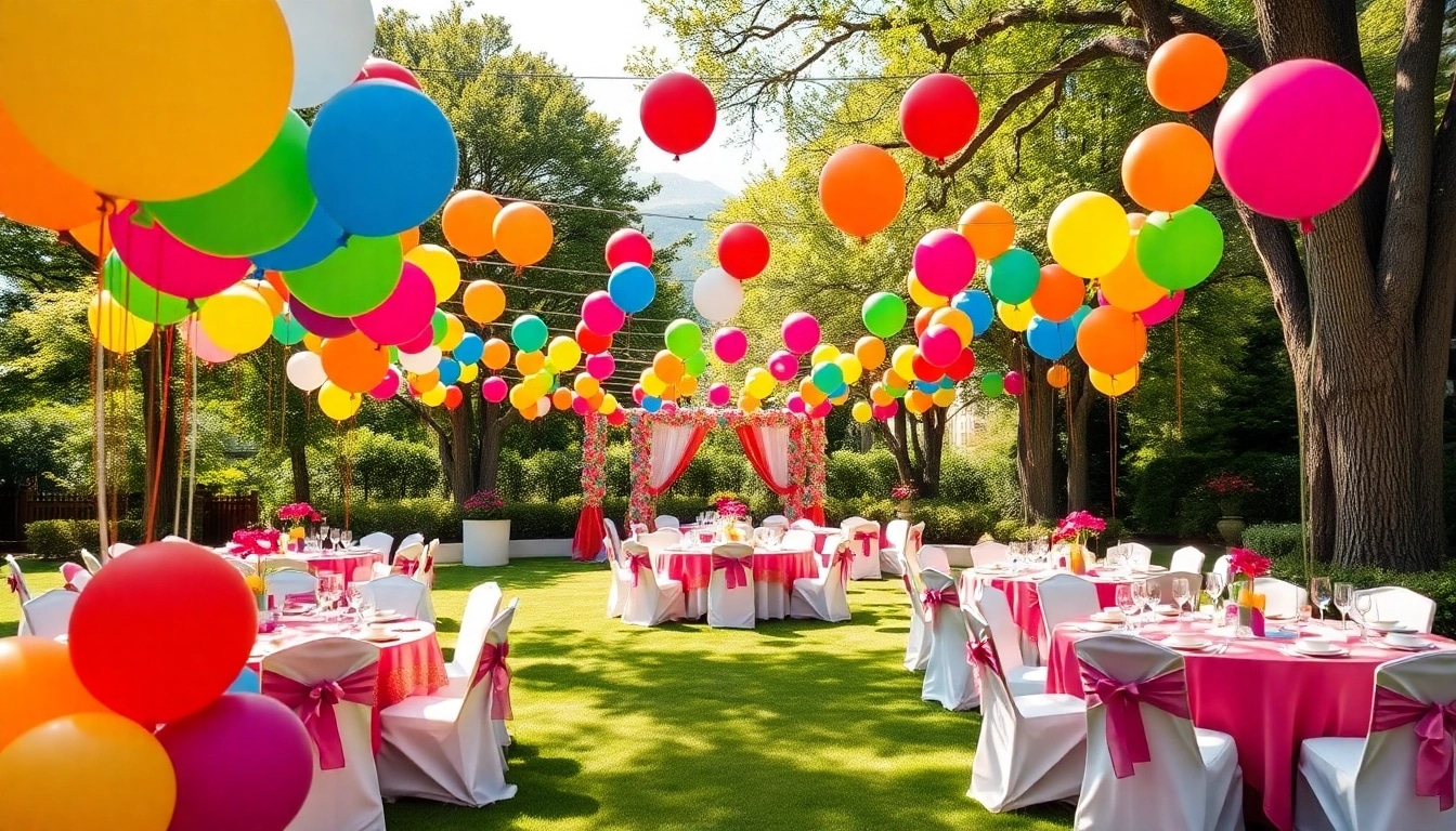 Engaging party rentals setup featuring vibrant decorations and elegant arrangements outdoors.