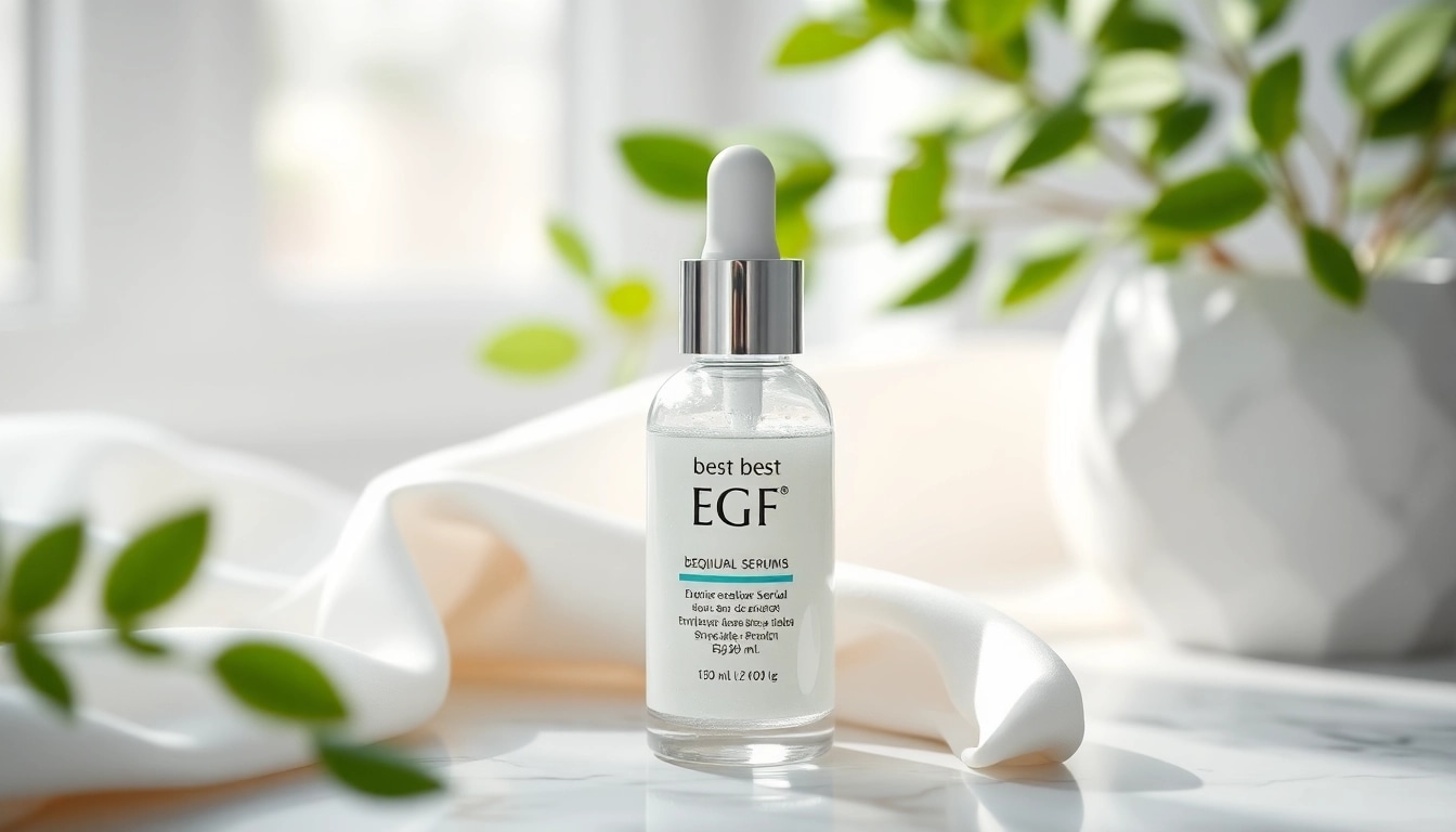 The best EGF serum displayed in an elegant skincare setup with natural elements and soft lighting.