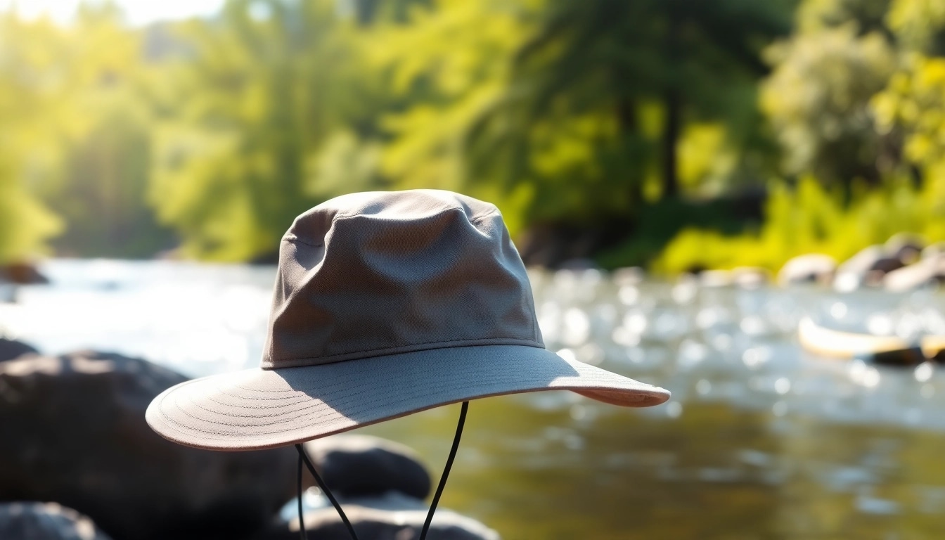 Showcasing a stylish fly fishing hat against a serene river, emphasizing outdoor adventure.