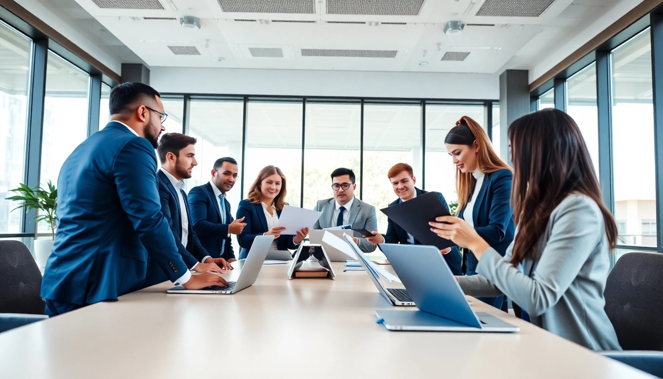 Engaging business discussion among professionals in a modern office setting.