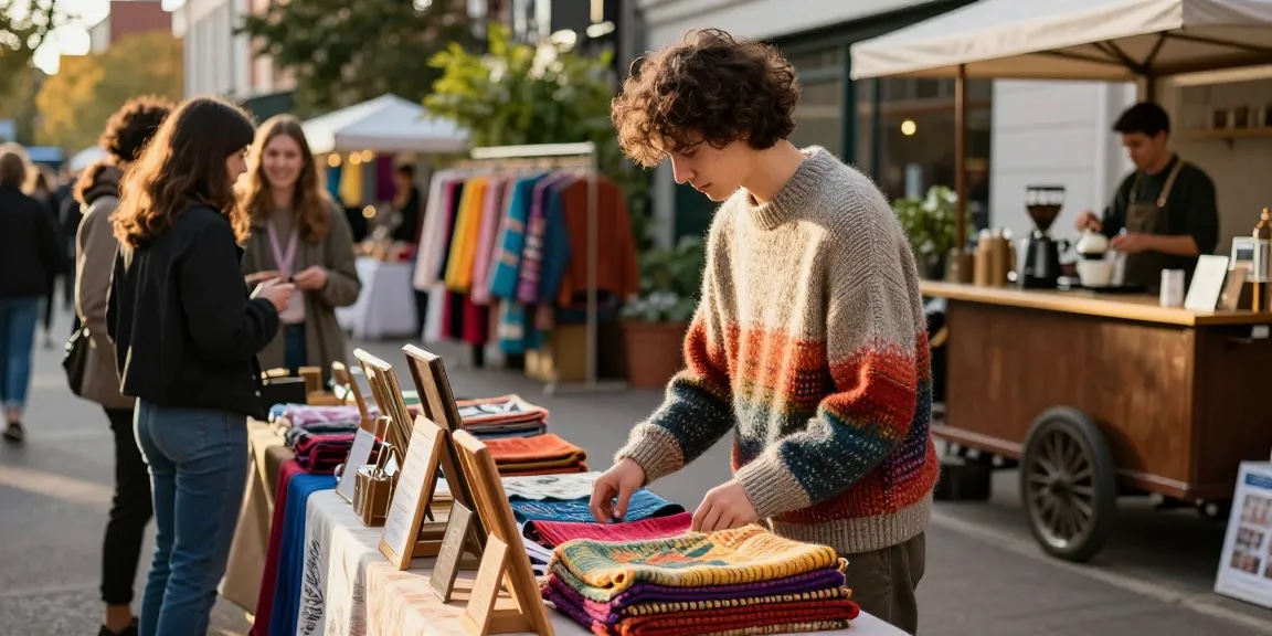 Stylish individual in wool sweaters browsing artisan market, highlighting sustainable fashion.