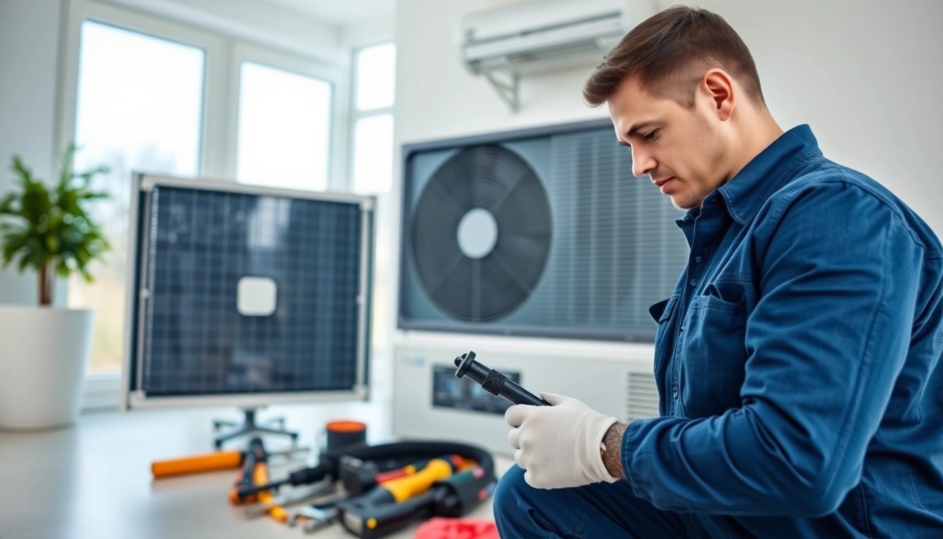 Alberta HVAC dealer technician inspecting a modern HVAC unit, showcasing industry expertise.
