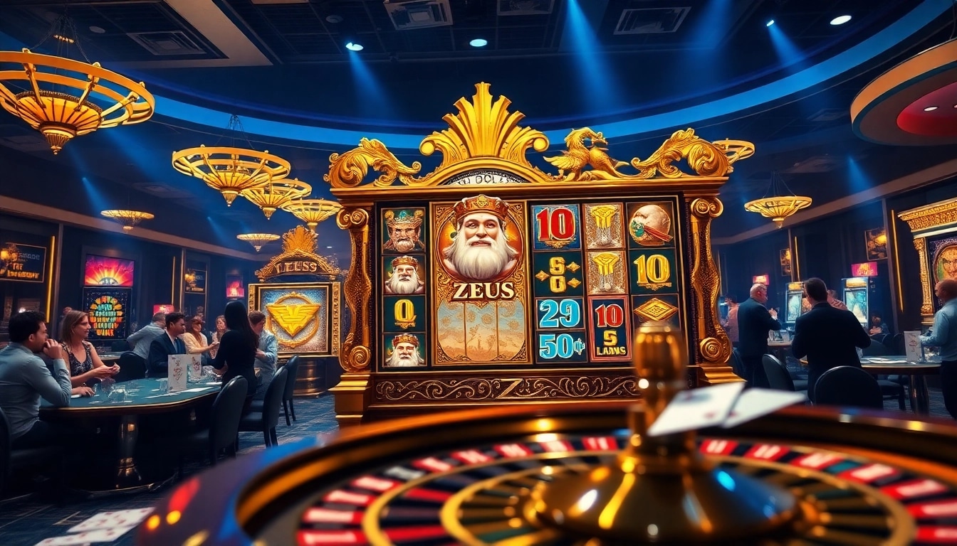 Berinteraksi dengan mesin Slot Zeus di tengah suasana kasino mewah, menyoroti kegembiraan taruhan tinggi dan peluang menang.