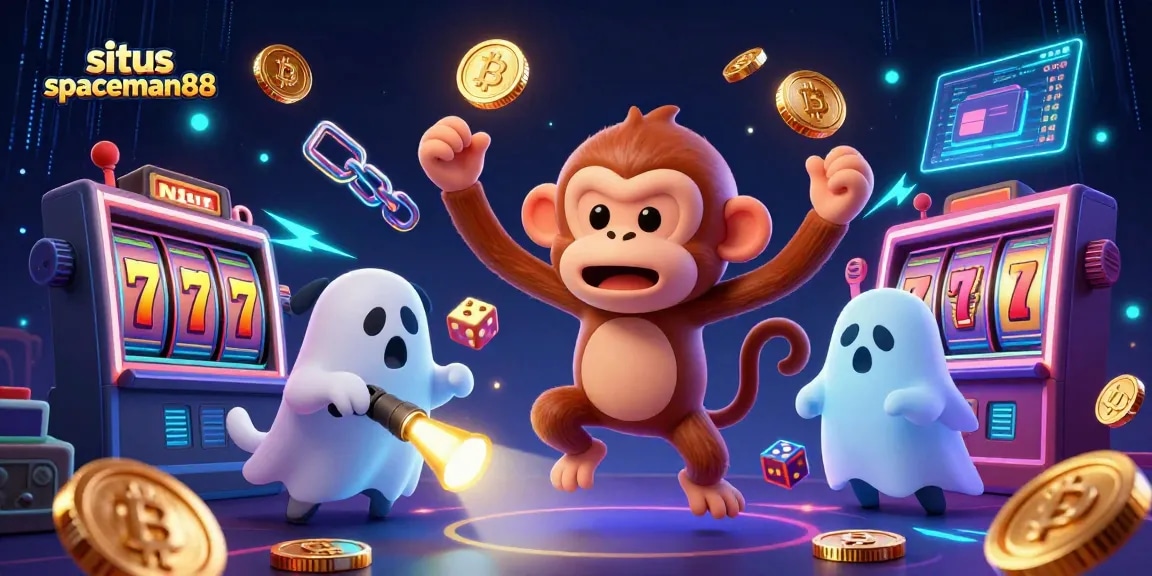 Experience thrilling gameplay at situs spaceman88 with slots, jackpots, and crypto elements in this dynamic illustration.