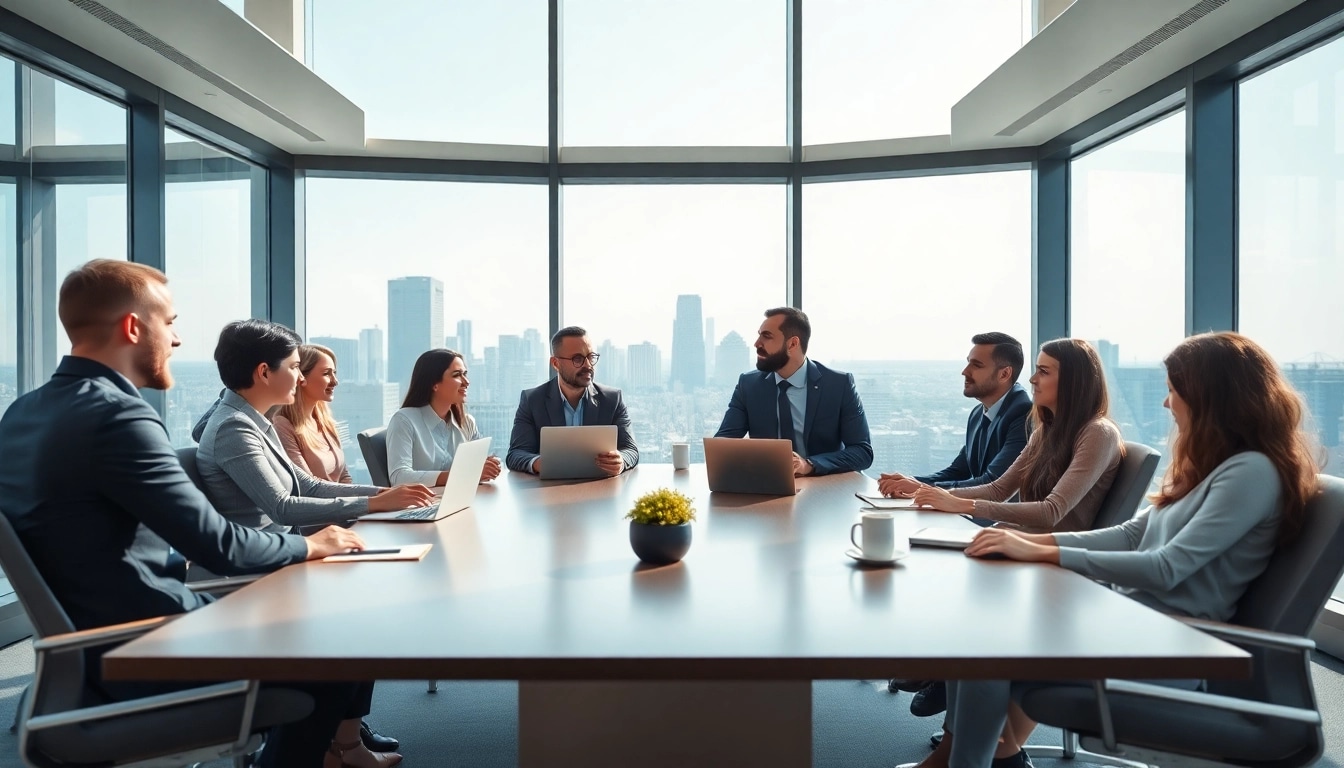 Collaborative business meeting showcasing diverse individuals engaging in discussion over professional topics.