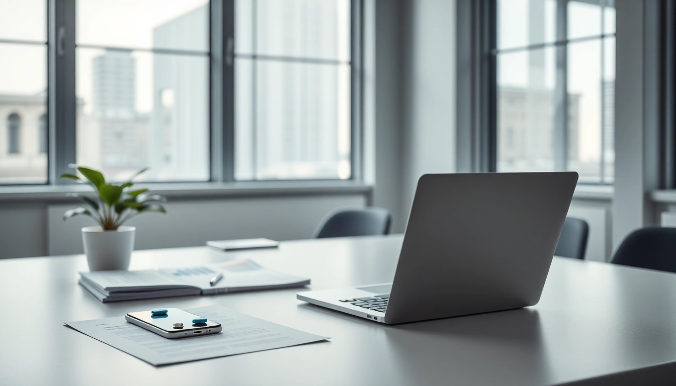 Easy business tutorial workspace with laptop, documents, and plant in a modern office.