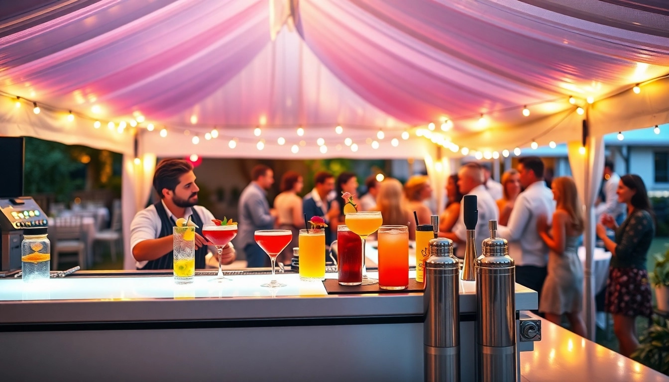 Guests enjoying drinks from a professional mobile bar service at a lively outdoor party.