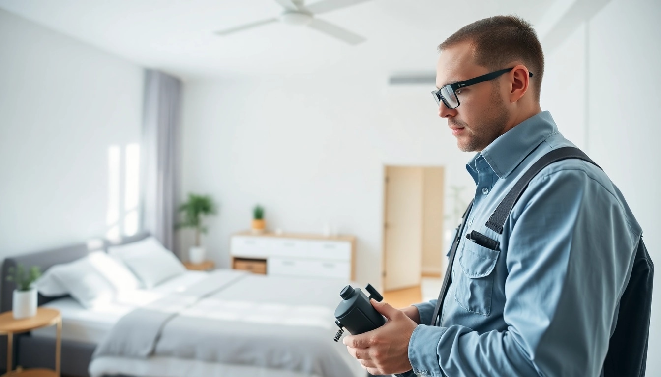 Bed bug exterminator inspecting a modern bedroom for effective pest control.