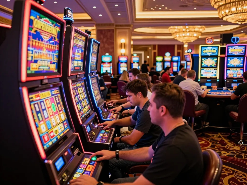 Engaged player at the nohu slot machine during an exciting gaming session.