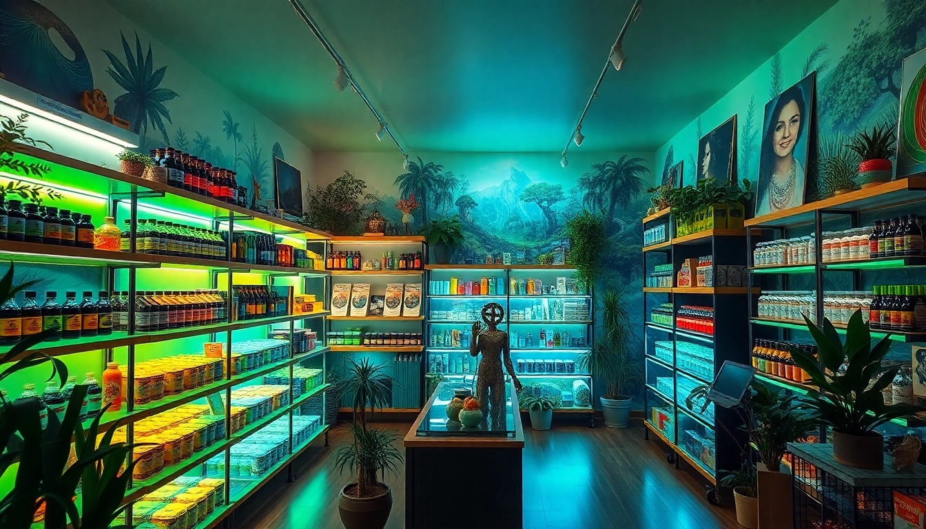Psychedelicschemstore shop interior filled with vibrant psychedelic products and nature murals.