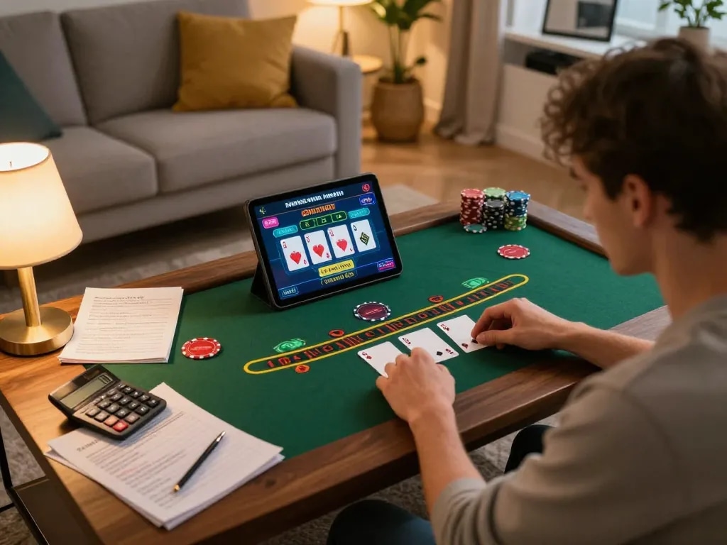 Player engaging in sh bet strategy while playing blackjack on a tablet in a cozy home environment.