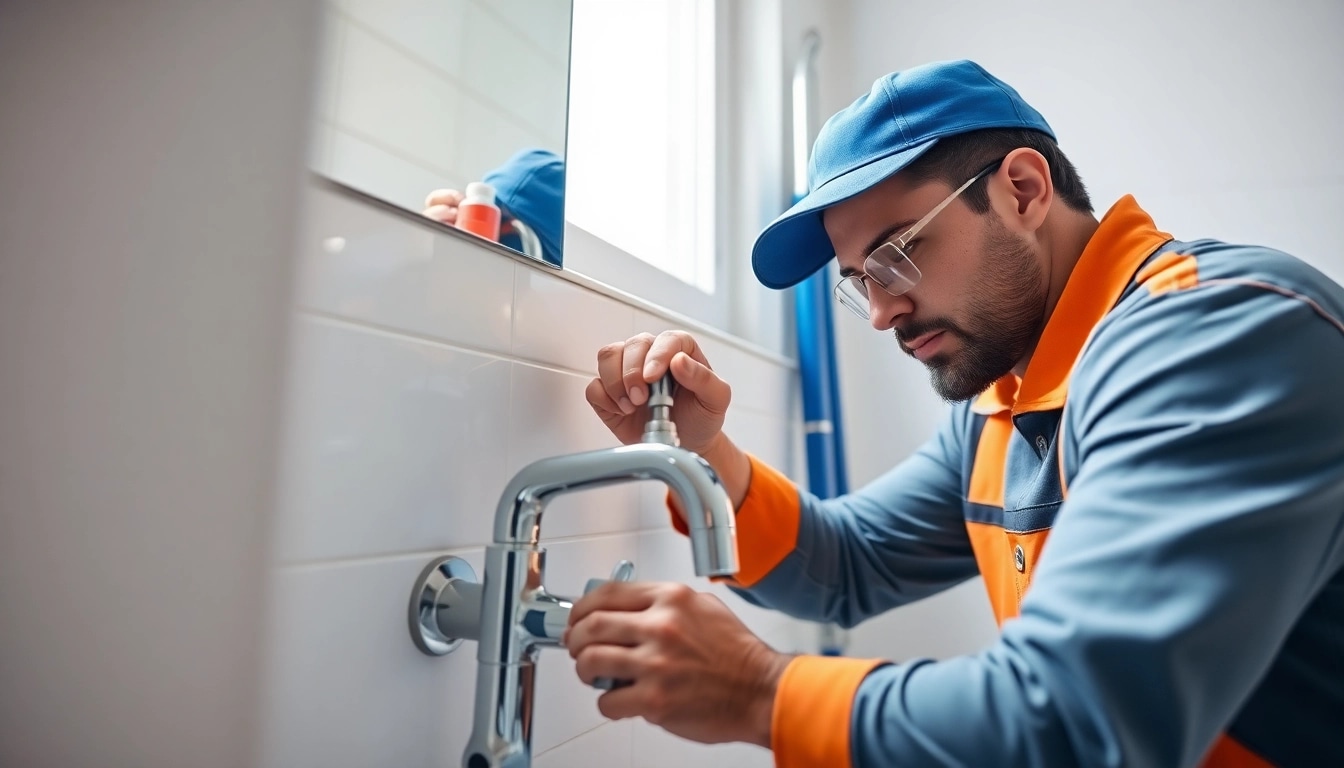 Plumber knightdale fixing a modern bathroom faucet with expert care and attention.